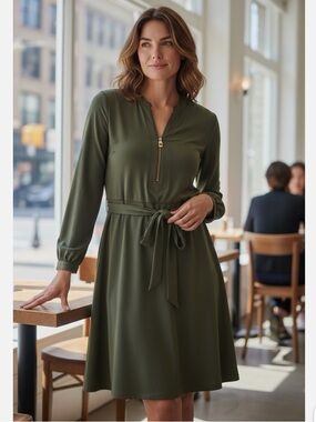 Michael Kors Olive Green Dress with Gold MK Logo Zipper Pull